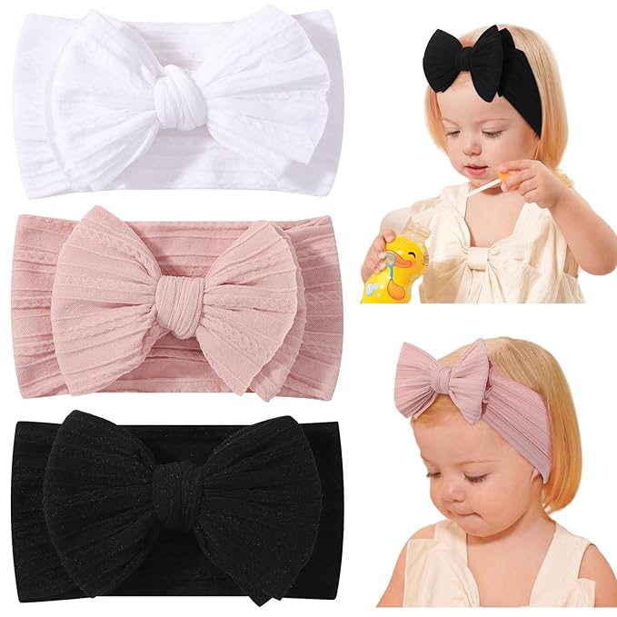 jollybows 3PCS Baby Bows Headbands Soft Nylon Baby Girl Headbands for Newborn Infant Toddler Kids Cute Bow Wide Hairbands Hair Accessories(Black+White+Deep Pink)