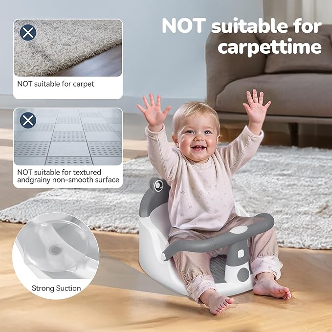 Baby Bath Seat for Babies 6 Months & Up - One-Handed Snap-On Armrest Baby Bath Chair | 4 Suction Cup Non-Slip Baby Bathtub Seat with Storage Bag | Ergonomic Infant Bath Seats for Baby Sitting Up Grey
