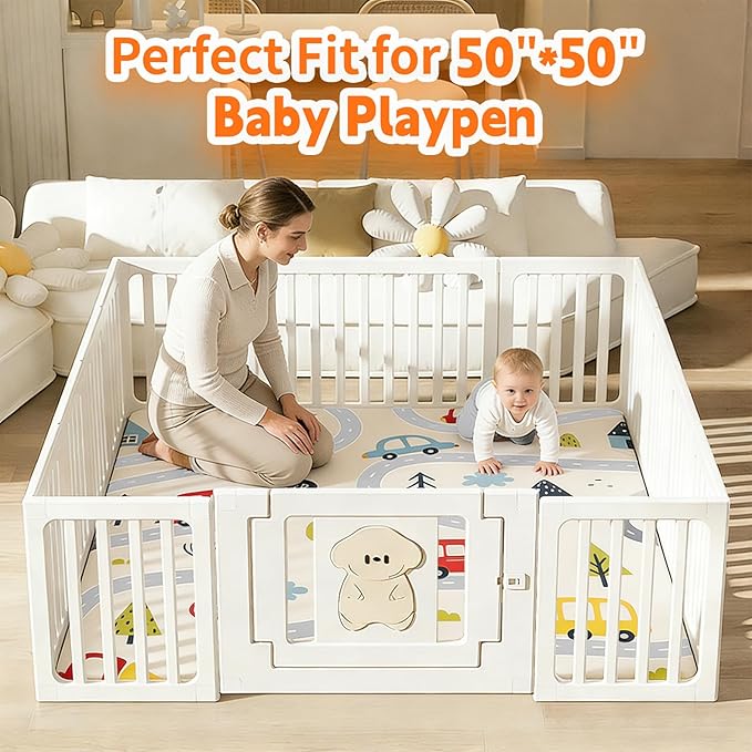 1.3" Thick Baby Play Mat for Floor，50x50 PU Leather Playpen Mat for Toddlers Infant Kids,Ultra Soft Support Cushioned & Waterproof Playmat for Baby,Non-Slip Backing Safe for Crawling/Car Pattern