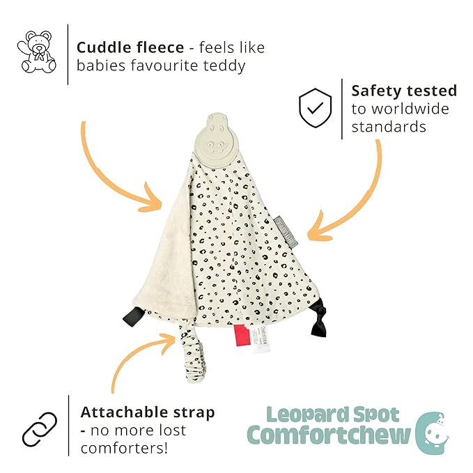 Cheeky Chompers Comfortchew | Baby Lovey with Silicone Teether & Sensory Tags | Soft Fleece Material, Attachable Loop, Machine Washable | (Leopard Spot)
