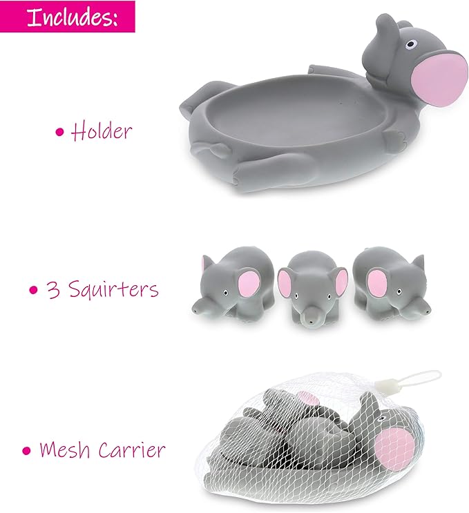 DolliBu Elephant Family Animal Bath Squirters 4 Piece Bath Toy Set, Children Bath Toys for Bathtime & Water Fun, Girls & Boys Floating Rubber Squirt Toys, Pool Toys for Kids - Gray Elephant