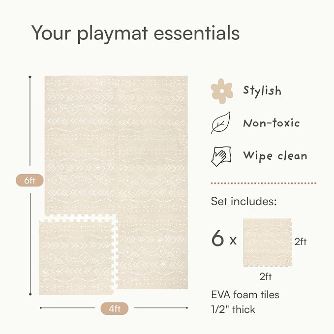 Lillefolk Baby Play Mat for Floor – 4x6ft Beige | Soft Non Toxic Premium EVA Foam Tiles for Tummy Time, Crawling & Playroom – Waterproof Interlocking Floor Mat for Babies & Toddlers (6 Tiles)