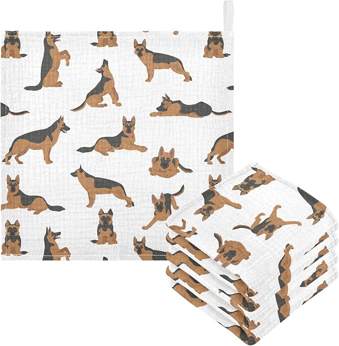 vvfelixl Baby Cotton Washcloths German Shepherd Dogs Infants Bath Towel for Unisex Face Towels for Newborn, Natural Baby Wipes Delicate Skin, 11.8 X 11.8 inch, one sizex5