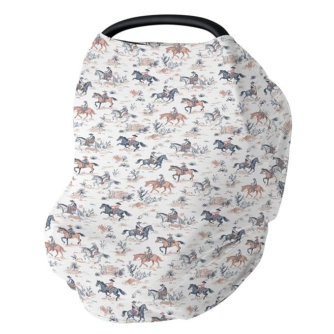 Boho Western Cowboy Car Seat Covers for Babies Vintage Cowboys Horse Stretchy 5-in-1 Cover Adjustable Infant Carseat Canopy Cover Wild West Desert Breathable Nursing Cover-Up