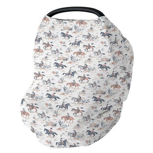 Boho Western Cowboy Car Seat Covers for Babies Vintage Cowboys Horse Stretchy 5-in-1 Cover Adjustable Infant Carseat Canopy Cover Wild West Desert Breathable Nursing Cover-Up