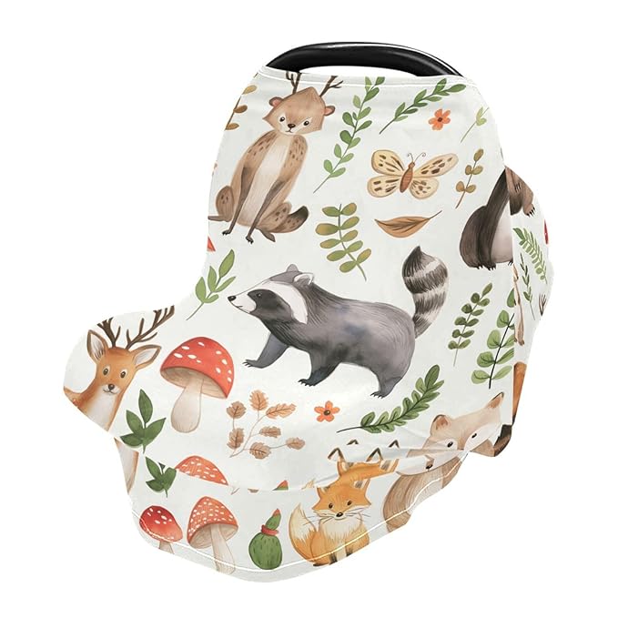 Blueangle Cute Woodland Animals Baby Car Seat Cover Canopy Stretchy Soft Nursing Breastfeeding Cover Multi-Use Breathable Stroller Cover, Mother's Day Gifts