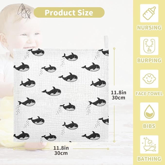 vvfelixl Little Cute Orca Baby Burp Cloths Baby Muslin Washcloths for Boys Girls Cotton Babys Face Towel for Newborn Infants Soft and Absorbent 11.8 X 11.8 in, 5 Pack