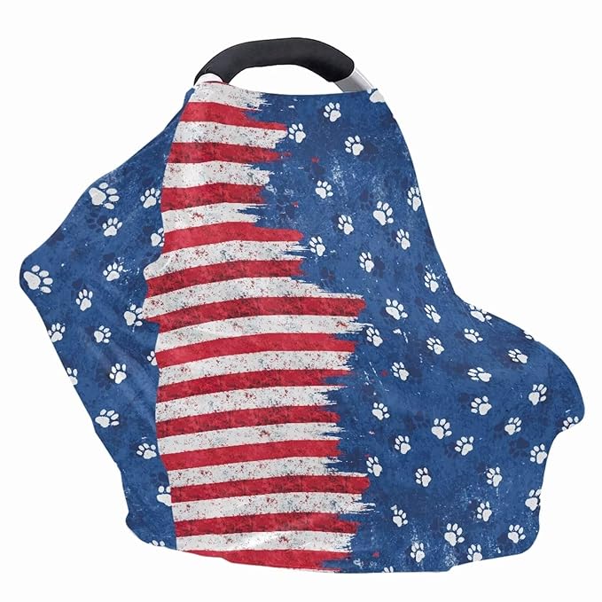 Binienty American Flag Baby Car Seat Covers,Dog Paw Print Baby Car Seat Covers Multi-use Carseat Canopy for Girls Boys, Women's Mom's Nursing Cover Breastfeeding Scarf
