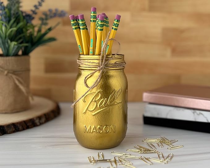 VivasFlowerShop Painted Mason Jar Centerpieces for Tables, Pint Mason Jars for Centerpieces, Small Mason Jar Pen Holder, Mason Jar Decor, Pint Size, Mason Jars for Table Centerpieces (Gold)