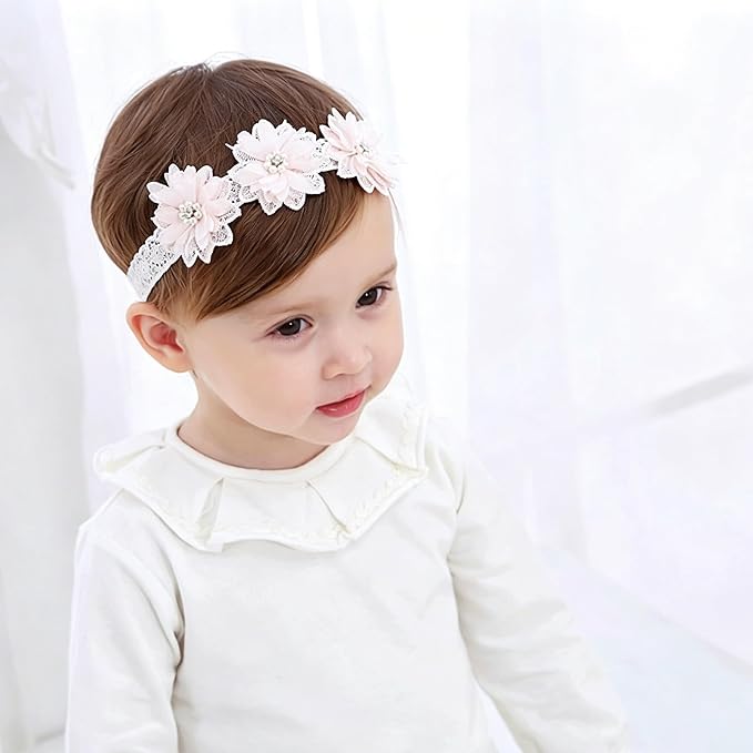 Baby Girls Hairband White Bow Lace Headbands Handmade Soft Stretchy Wide Head Band Newborn Hairbands with Bows Pearls Elastic Headband for Infant Hair Accessories（Three Pearl Flowers）