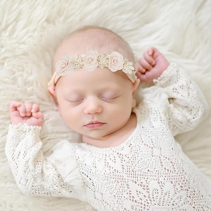 Baby Girl Flower Headbands Set, 3pcs Elastic Nylon Floral Hair Band, Bows Wrap for Infant Newborn Toddler