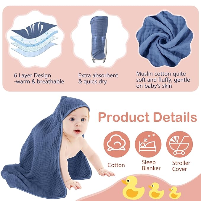 Peryiter 6 Pcs Muslin Hooded Baby Towels 32 x 32 Inch Cotton Newborn Bath Essentials Muslin Infant Blankets Absorbent Registry Gifts for Girl Boy Kids Baby Shower (Green and Pink Series)