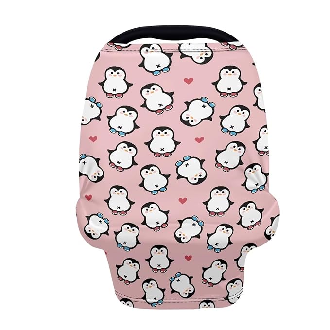 Biyejit Penguin Print Copper Pearl Multi-Use Cover: Car Seat Covers, Nursing Cover, and Stroller Cover for Sun - Stretchy Fabric, All-Season Use, Stylish Designs, Easy Access for Moms