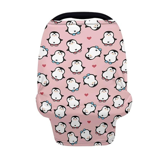 Biyejit Penguin Print Copper Pearl Multi-Use Cover: Car Seat Covers, Nursing Cover, and Stroller Cover for Sun - Stretchy Fabric, All-Season Use, Stylish Designs, Easy Access for Moms