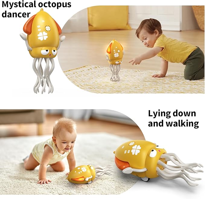 Electric Dancing Octopus Toy with Led Light and Music, Kids Electric Crawling Octopus Tummy Time Toys, Rechargeable Interactive Sensory Toy, for Christmas Birthday Gift(Yellow)