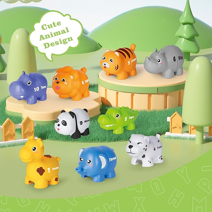 Jetbotell Learning Toys for 2 3 4 Year Old, 20 Pcs Number Matching Game with Digital English, 10 Different Animal Figures, Preschool Activities Montessori Fine Motor Toys for Toddlers Kids