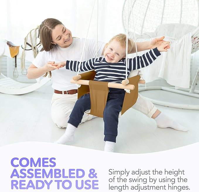 CaTeam - Canvas Baby Swing Chair, Wooden Hanging Seat with Safety Belt, Durable and Comfortable for Kids, Indoor and Outdoor Use, Mounting Hardware Included, Ocher