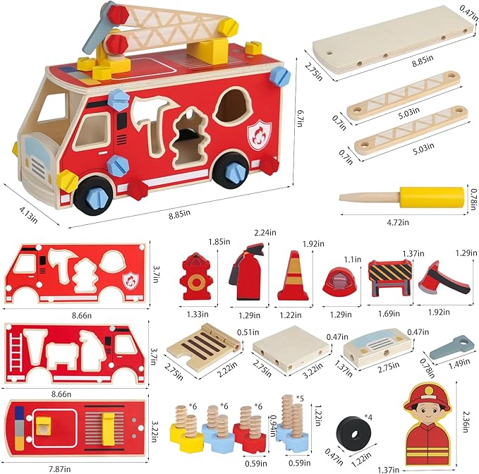 LOVELAND Wooden Fire Truck Toy – Take-Apart STEM Vehicle with Firefighter Tools & Shape Sorting, Montessori Educational Gift for Toddlers Boys Girls Ages 3+