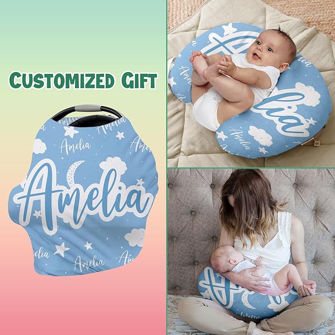 Custom Car Seat Covers for Babies - Breathable Baby Car Seat Cover for Girls Boys, Kick-Proof Newborn Carrier Light Blue Star Canopy Stretchy Stroller Cover for 4 Seasons