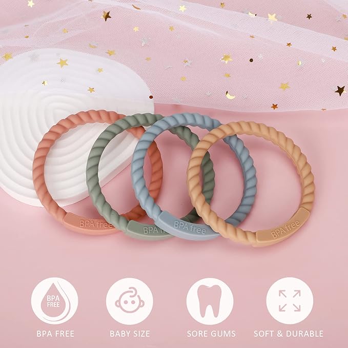Socub Silicone Baby Teether Toy, 4 Pack BPA Free Soft Silicone Teether Bracelets for 3+Month Babies, Wearable as Bracelets, Baby Chew Toy (Sand/Light Grey/Dusty Lilac/Power Rose)