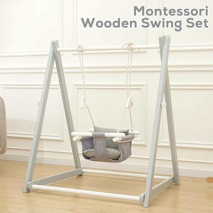 FUNLIO Montessori Wooden Swing Set for Toddlers 6-36 Months, Foldable Indoor Baby Swing Set of Durable Pine, Portable with 4 Sandbags &Extension Straps, Toddler Swing for Indoor/Outdoor-Gray