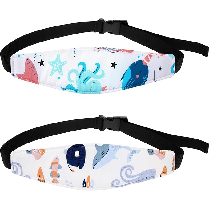 HESTYA 2 Pcs Carseat Head Support Toddler, Stroller Seat Headrest for Sleeping Traveling, Neck Relief Headband Strap for Kids Children Toddler Infant(Ocean Animals)
