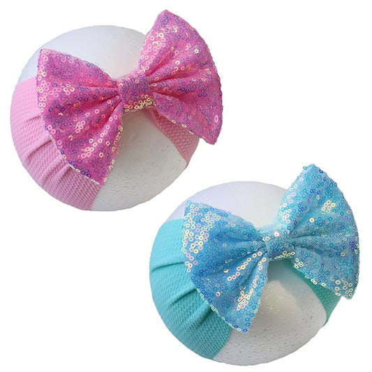 7'' Sequin Baby Headbands, Pink Big Bows for Baby Girls - Soft Stretchy Newborn Bows, Infant to Toddler Hair Accessories, 0-6Months Blue Light Pink