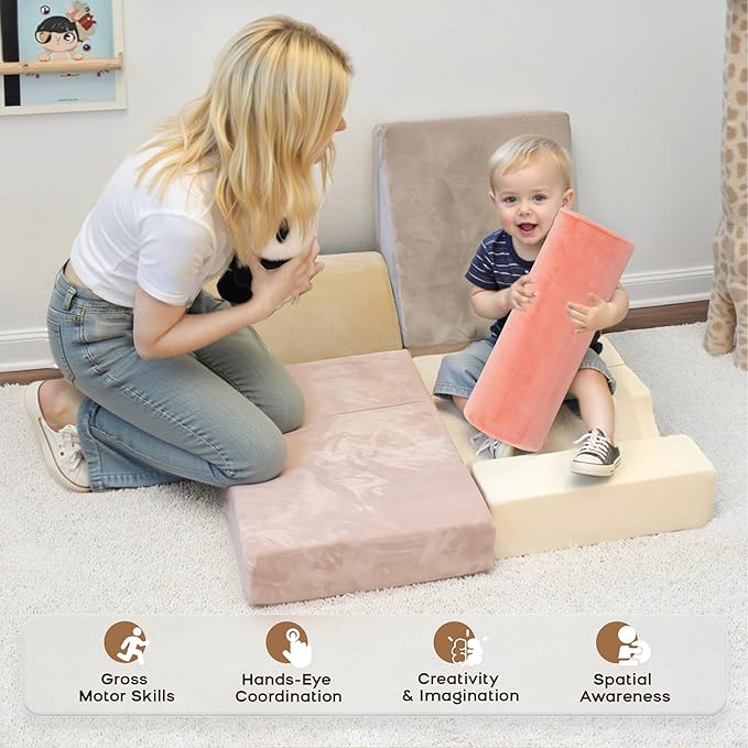 BanaSuper 5-Piece Climbing Toys for Toddlers, Kids Foam Blocks Playset with Cylinder, Foldable Design, Toddler Indoor Soft Play Gym Activity Play Set for Crawling and Active Play(Pink, Yellow)