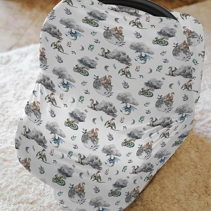 Watercolor Dragons Car Seat Covers for Babies Fairytale Dragon Wings Leaves Stretchy 5-in-1 Cover Adjustable Infant Carseat Cover Canopy Dragon Moon Clouds Breathable Nursing Cover-Up