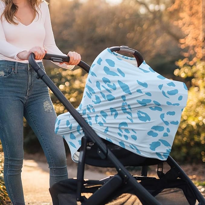 Forchrinse Blue Leopard Print Baby Car Seat Cover Girls Boys Breastfeeding Nursing Cover Soft Stretchy Multi Use Cover for Shopping Cart/High Chair/Stroller