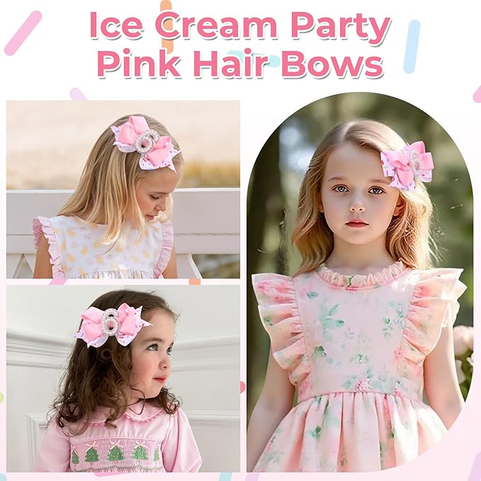 2PCS Hair Bows for Baby Girls Birthday - 6th Birthday Hair Bow Sweet Theme with Ice Cream Party, Pink Hair Accessories for Baby Toddler 1 2 3 4 5 6 Years, Outfit & Decorations
