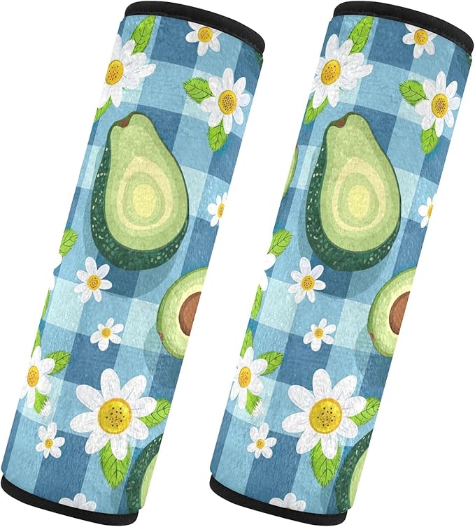 Cute Avocados Daisies Blue Checkered Car Seat Belt Covers 2Pcs Universal Seatbelt Pad Shoulder Pads Cushion for Adults Kids Women Men