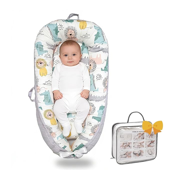 Infant Support Cushion-Breathable and Soft Organic 100% Cotton, Portable Tummy Time Mat with Removable Support Cushionr Cover, Floor Baby Support Cushion for Newborn - Lion