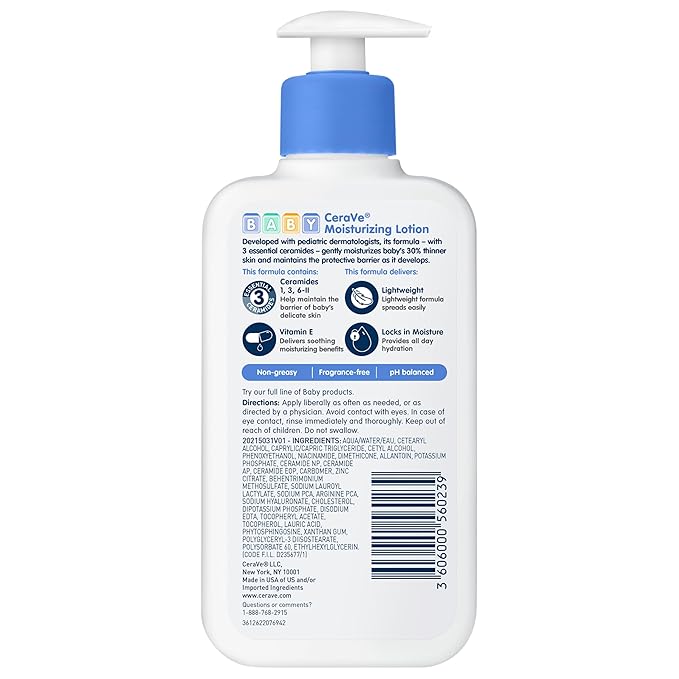CeraVe Baby Lotion, Gentle Baby Skin Care with Ceramides, Niacinamide & Vitamin E, Fragrance, Paraben, Dye & Phthalates Free, Lightweight Moisturizer, 8 Ounce, Packaging May Vary