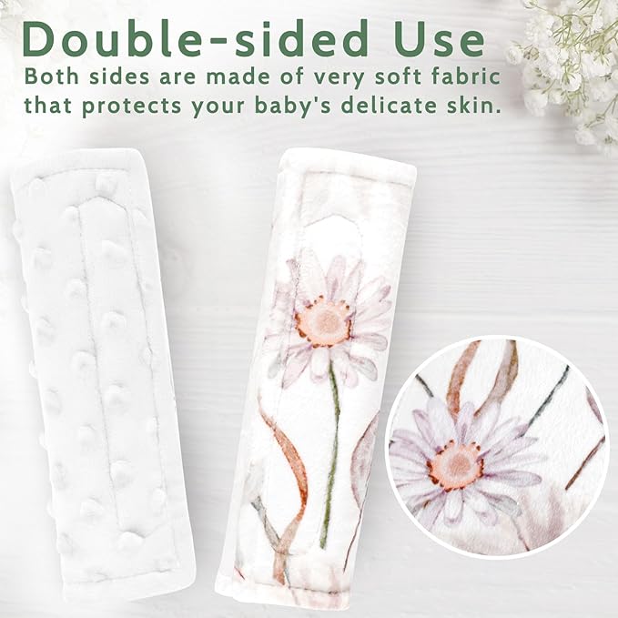 Carseat Strap Pads for Babies Girls, Double-Sided Use, Super Soft, Infant Car Seat Strap Covers, Seat Belt Covers for Baby Car Seats/Pushchair/Stroller/High Chair, Flower Pattern