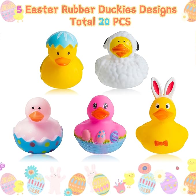 Haooryx Easter Rubber Duckies Toys - 20Pcs Novelty Yellow Rubber Duck Bunny Bathtub Toys Baby Shower Float Ducky Carnival Pinata Filler School Reward Easter Basket Stuffing Multi-Item Party Favor Pack