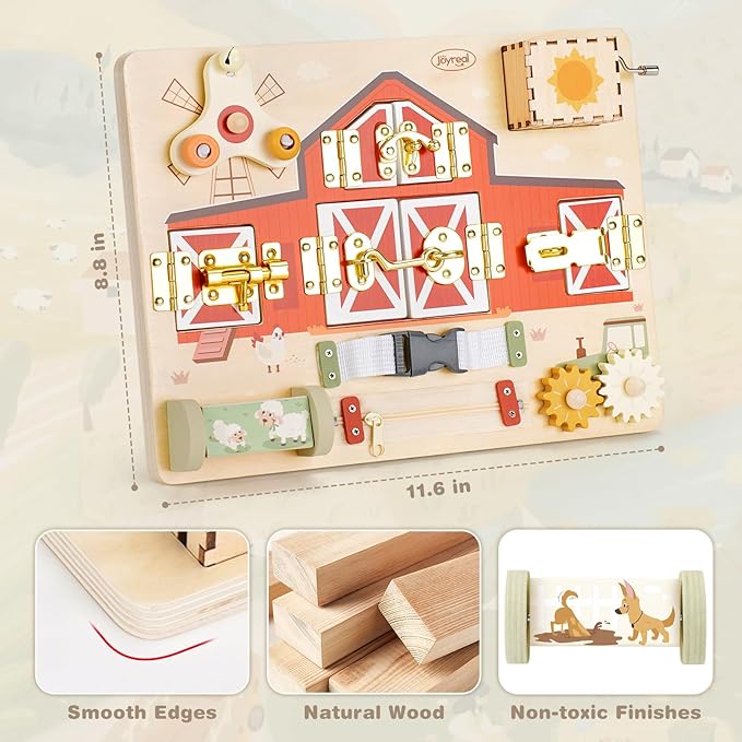 Joyreal Wooden Montessori Busy Board for 1 2 3 Year Old Toddlers, Farm Themed Sensory Toys for Kids, Fine Motor Skills Activity Board with Music Box & Latches, Learning Toys Gift for Autistic Children