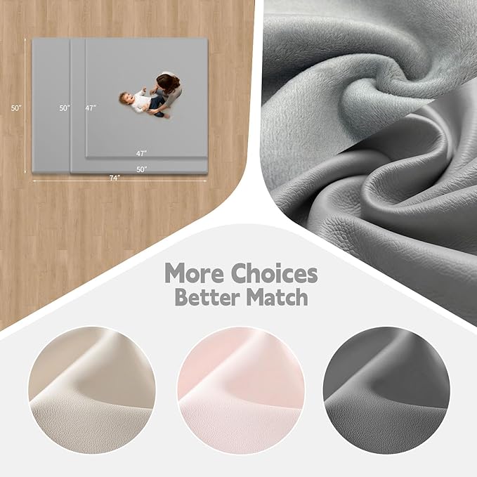 PU Leather Baby Play Mat for Floor, 74"×50" Playpen Mat, 1.3" Thick Elasti-Foam, Non-Slip Crawling Mat for Tummy Time, Waterproof & Wipe-Clean Playmat for Toddler,Infant, Kids (Grey）