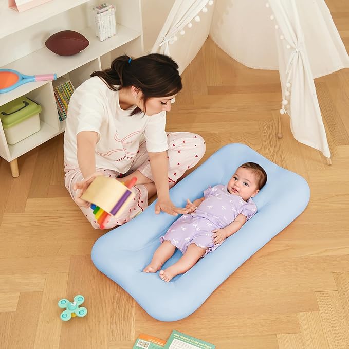 Baby Lounger 0-18 Months, Baby Lounger for Newborn, Soft Organic Cotton Breathable Lounger for Infants (Greyblue Baby Lounger)