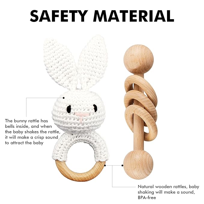 Wooden Baby Rattle, Crochet White Bunny Rattle and Wood Rattle Set, Newborn Wooden Animal Rattle Toy, Baby Wooden Rattle Toy 2PCS