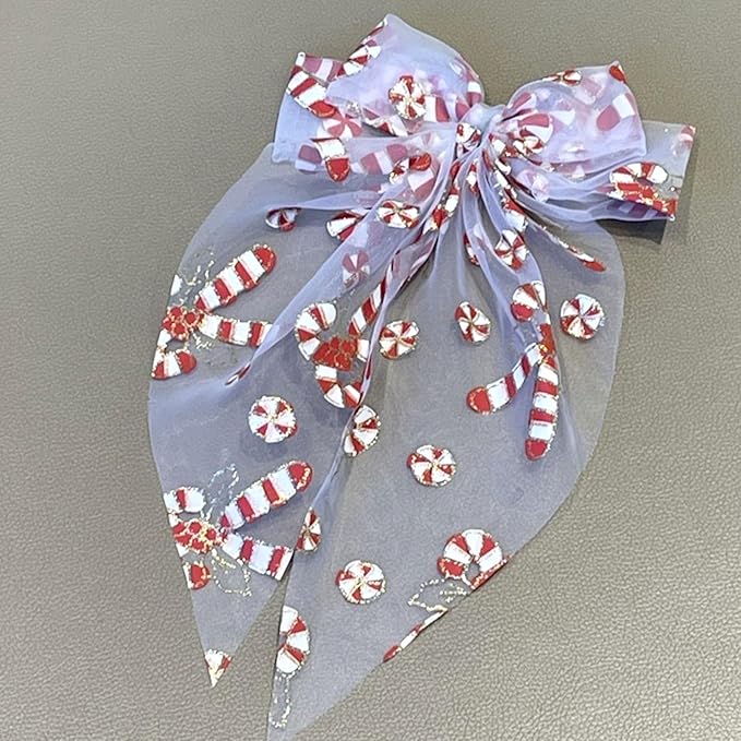 Christmas Bow Hair Clips for Women Girls, Red White Glitter Bow Hairpin, Santa Cane Alligator Clips with Long Tail, Festive Hair Accessories – Xmas Party Wedding Decorations(1 Pack)