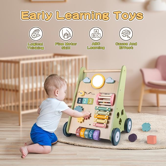 LOL-FUN Wooden Baby Walker with Wheels, Baby Walker for Boys 12 Months Push Toy, Montessori Walking Toys for 1 Year Old Activity Center