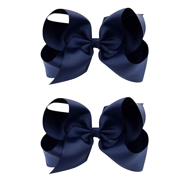 DEEKA 2 PCS 6" Big Hand-made Grosgrain Ribbon Solid Color Hair Bows Alligator Clips Hair Accessories for Little Teen Toddler Girls Kids Set of 2 -Navy Blue