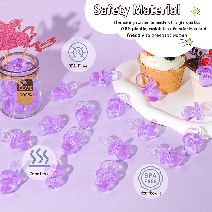 36 Acrylic Pacifiers for Baby Shower Game, 1.75 Inch Cute Baby Shower Pacifiers, Purple Pacifiers for Baby Shower Decoration DIY, Gender Reveal Party Table Scatter, Baby Shower Favors (Purple)