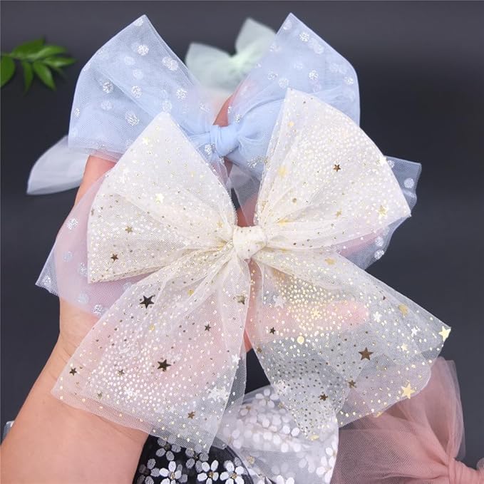 Large Tulle Bow Hair Clips for Baby Girls - Lace Hair Bows, Women's Cottagecore Barrettes - Lightweight Gauze - Moon Star & Blue Foil