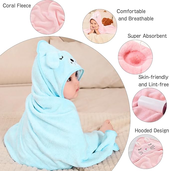 12 PCS Baby Bath Towels Set, 3 PCS Hooded Baby Towels & 9 PCS Washcloths, 32x32 Inches Ultra Absorbent Cute Soft Newborn Essentials Gift for Boys & Girls (Pink + Brown + Blue)