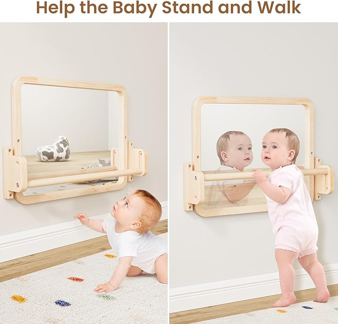 Woodtoe Montessori Mirror with Bar, Baby Pull to Stand Toys, Natural Wooden Frame & Baby Pull Up Bar, Adjustable Infant Coordination Small Mirror, Montessori Birthday Toy for Toddler 6-18 Months