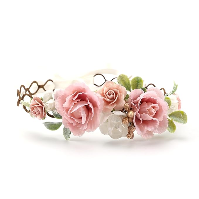 Flower Girl Flower Crown Pink Baby Girls Floral Headpieces Kids Headband Children Hair Wreath Photo Prop (Blush pink-Child Size)