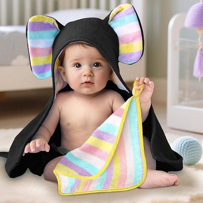 VOOVA & MOVAS Cute Elephant Ears Baby Hooded Bath Towel – Super Absorbent, 420GSM, 100% Cotton – 33" x 31.5", Thick – for 0–18 Months Newborn, Infant, Toddler – Baby Essentials, Black