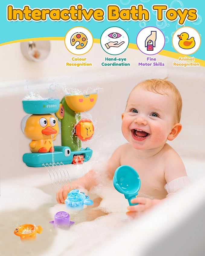 Baby Bath Toys for Kids Ages 1-3 2-4 Toddler Bathtub Water Toys with 3 Strong Suction Cups Battery-Free Duck Waterfall Sensory Shower Toys with Stacking Cups for 18+ Months Boys Girls Birthday Gifts